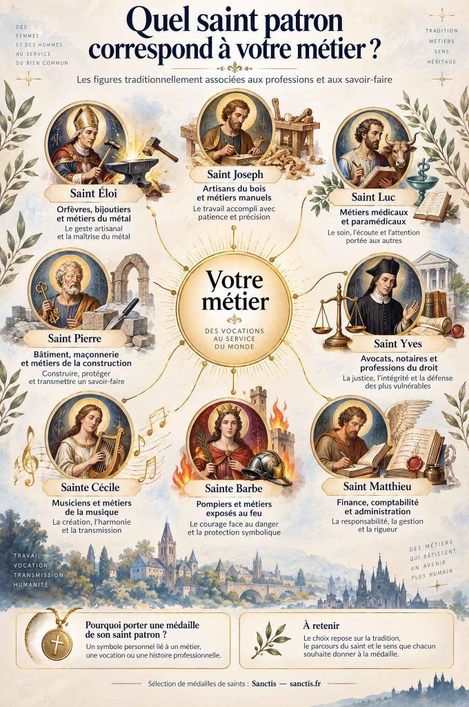 Infographie indiquant les saints patrons traditionnellement associés aux principaux métiers